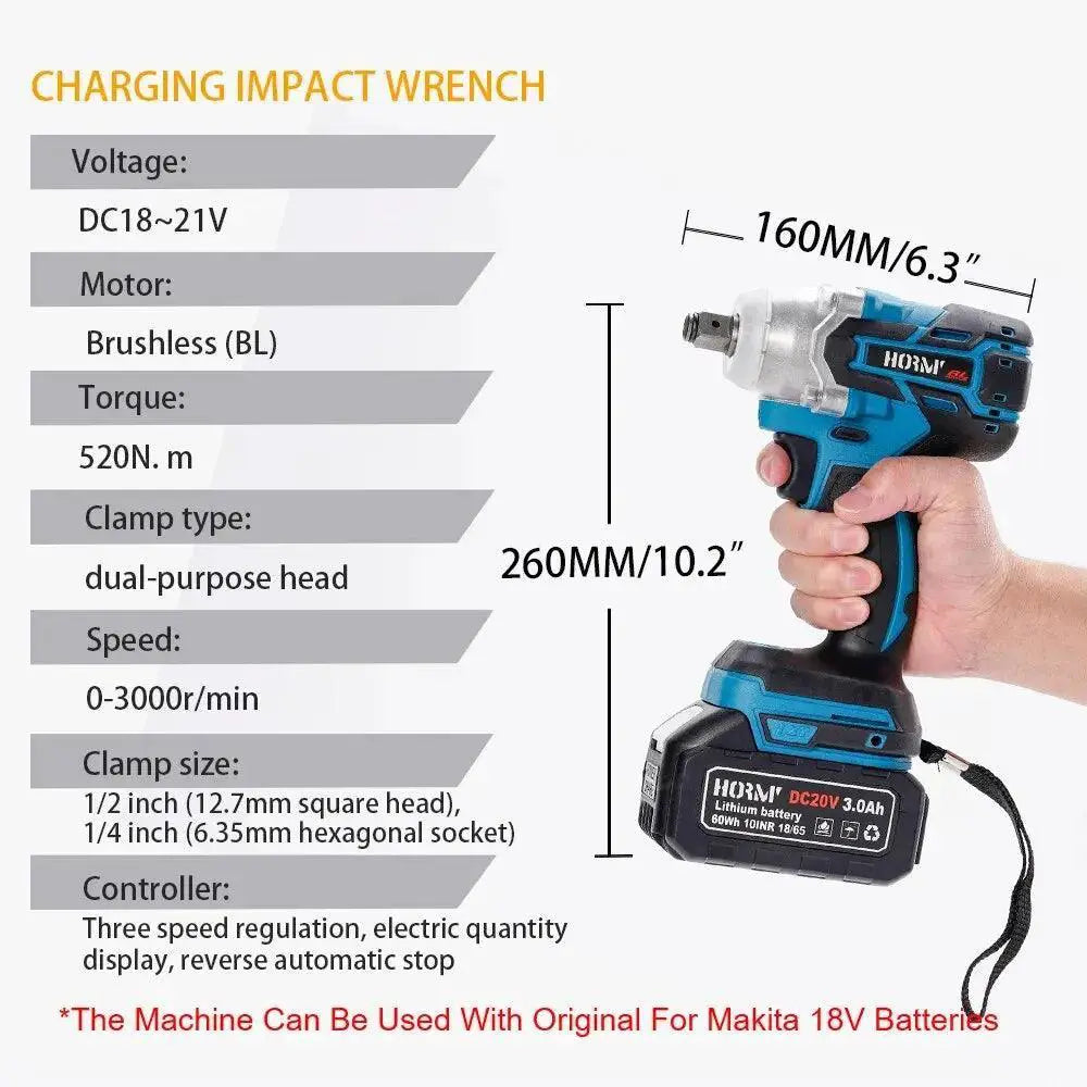 Hormy Half Inch Brushless Impact Wrench 520Nm Cordless