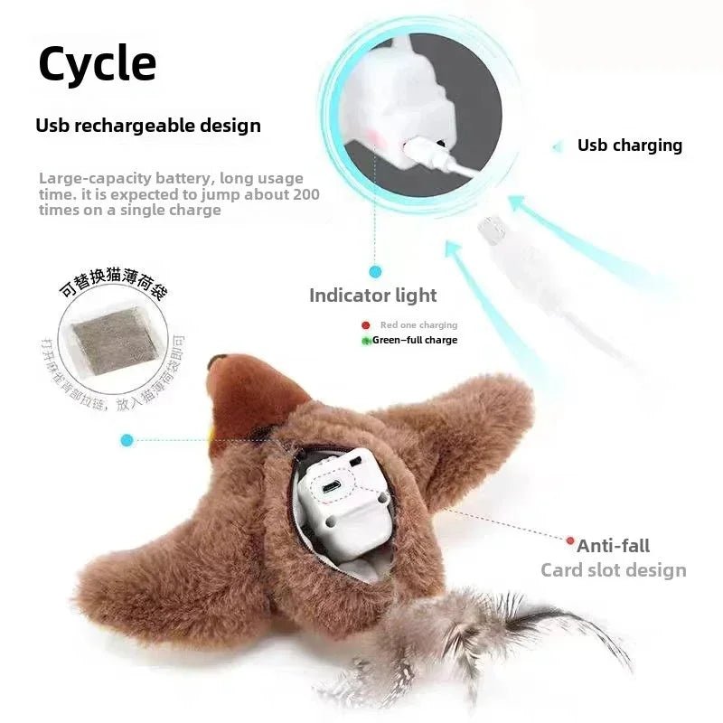 Hot Cat Dancing Sparrow Catnip Toy - Touch Activated Rechargeable USB Plush Bird