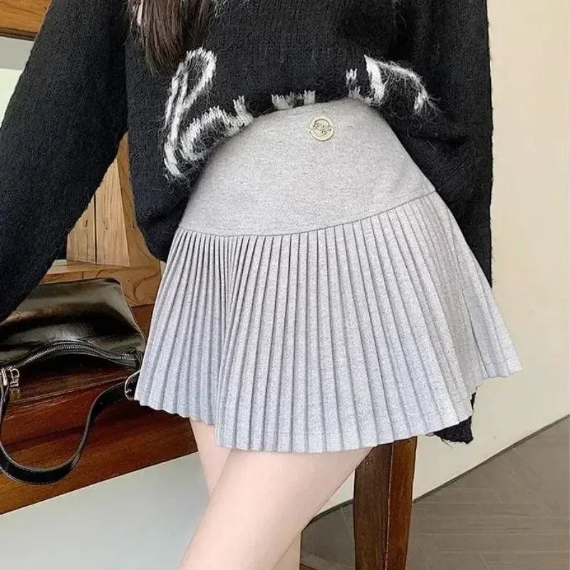 Woolen Pleated Skirt Korean Cute Sexy A Line Mini Chic
