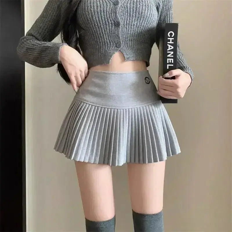 Woolen Pleated Skirt Korean Cute Sexy A Line Mini Chic
