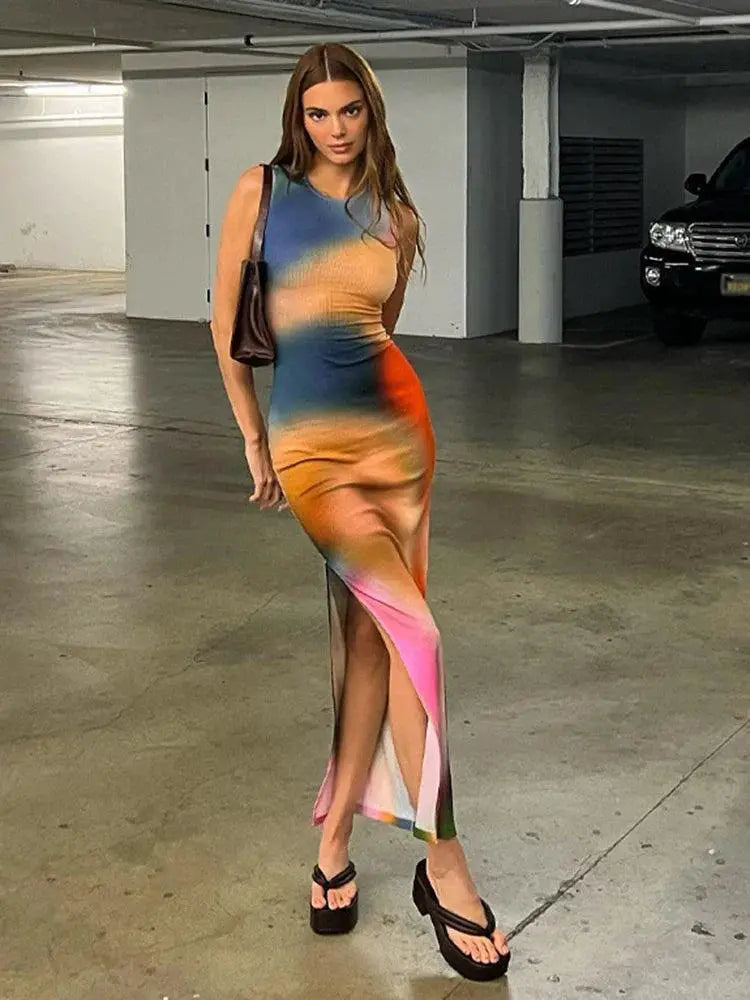 Hugcitar Tie Dye Ribbed Midi Dress Summer Fashion