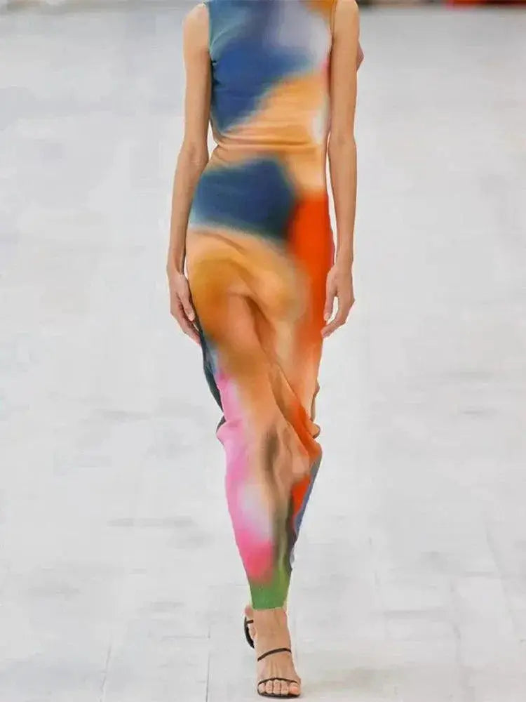 Hugcitar Tie Dye Ribbed Midi Dress Summer Fashion