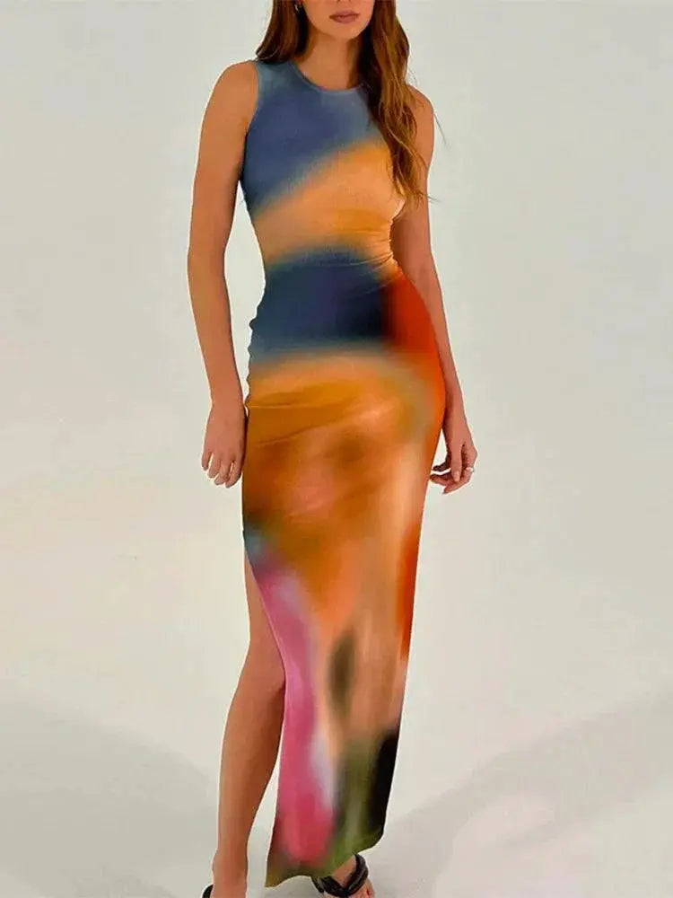 Hugcitar Tie Dye Ribbed Midi Dress Summer Fashion