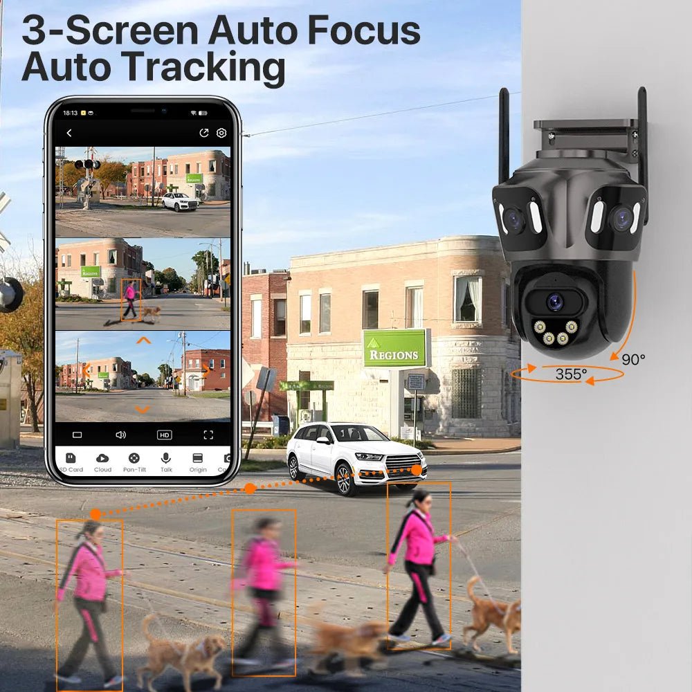 iCsee Three Screen WiFi IP Cameras Outdoor 4K Tri Lens - AI Human Detection Zone
