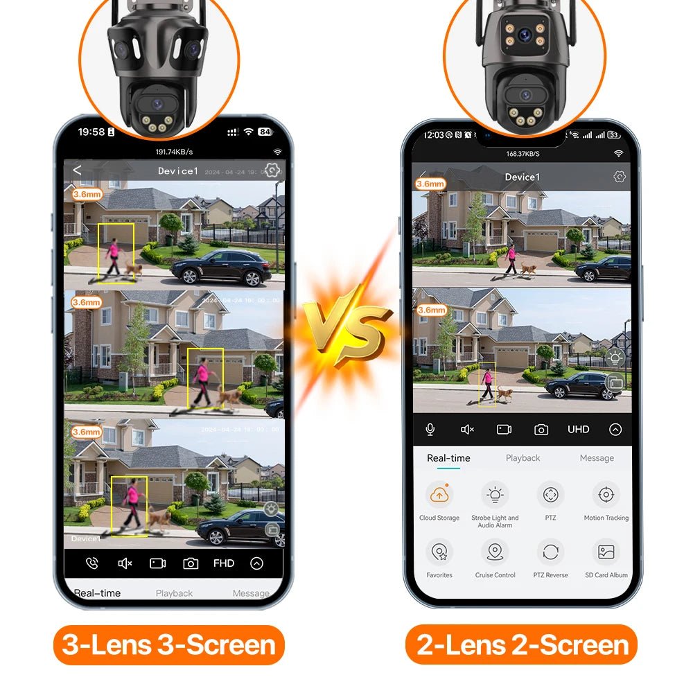 iCsee Three Screen WiFi IP Cameras Outdoor 4K Tri Lens - AI Human Detection Zone