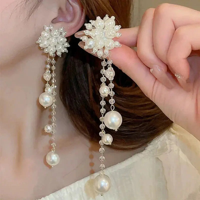 Imitation Pearl Flower Fringe Long Dangle Earrings For Women