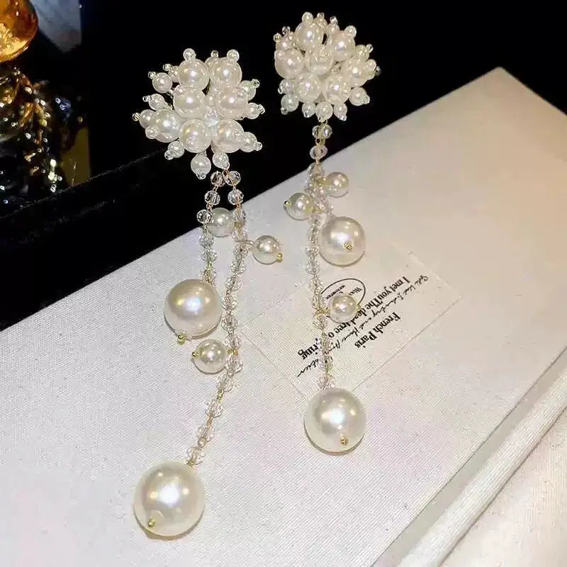 Imitation Pearl Flower Fringe Long Dangle Earrings For Women