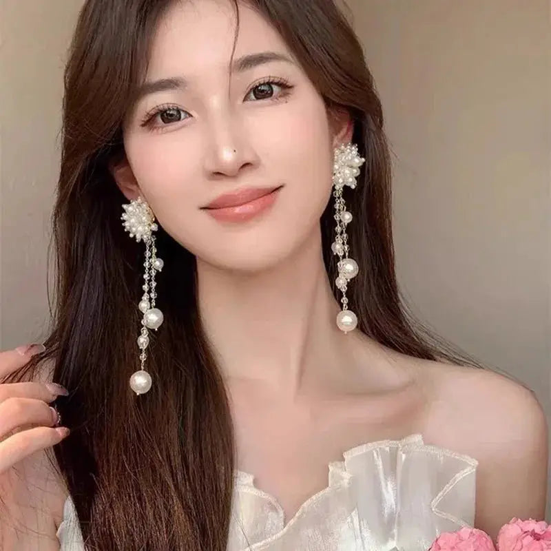 Imitation Pearl Flower Fringe Long Dangle Earrings For Women