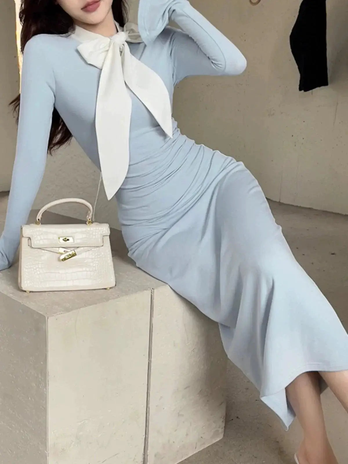 Insdoit Dress Chic Slim Fit Bow Detail Elegant Style