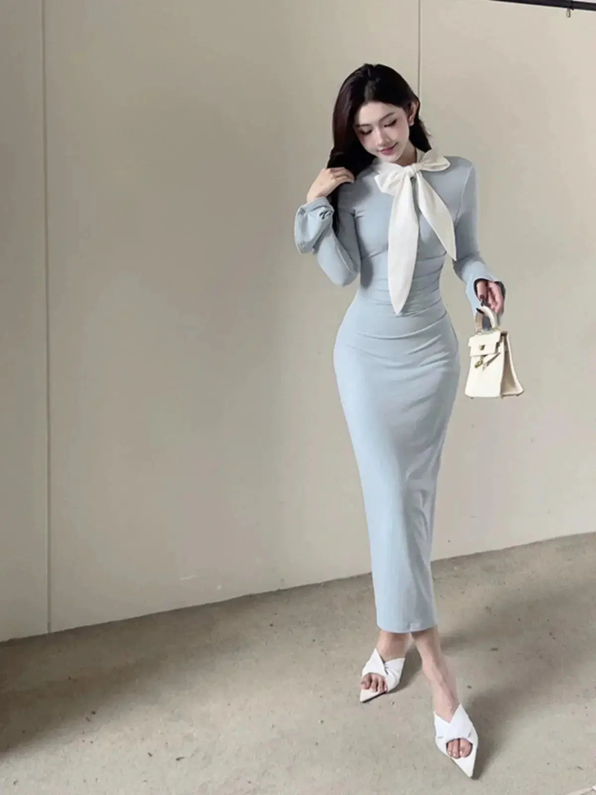 Insdoit Dress Chic Slim Fit Bow Detail Elegant Style