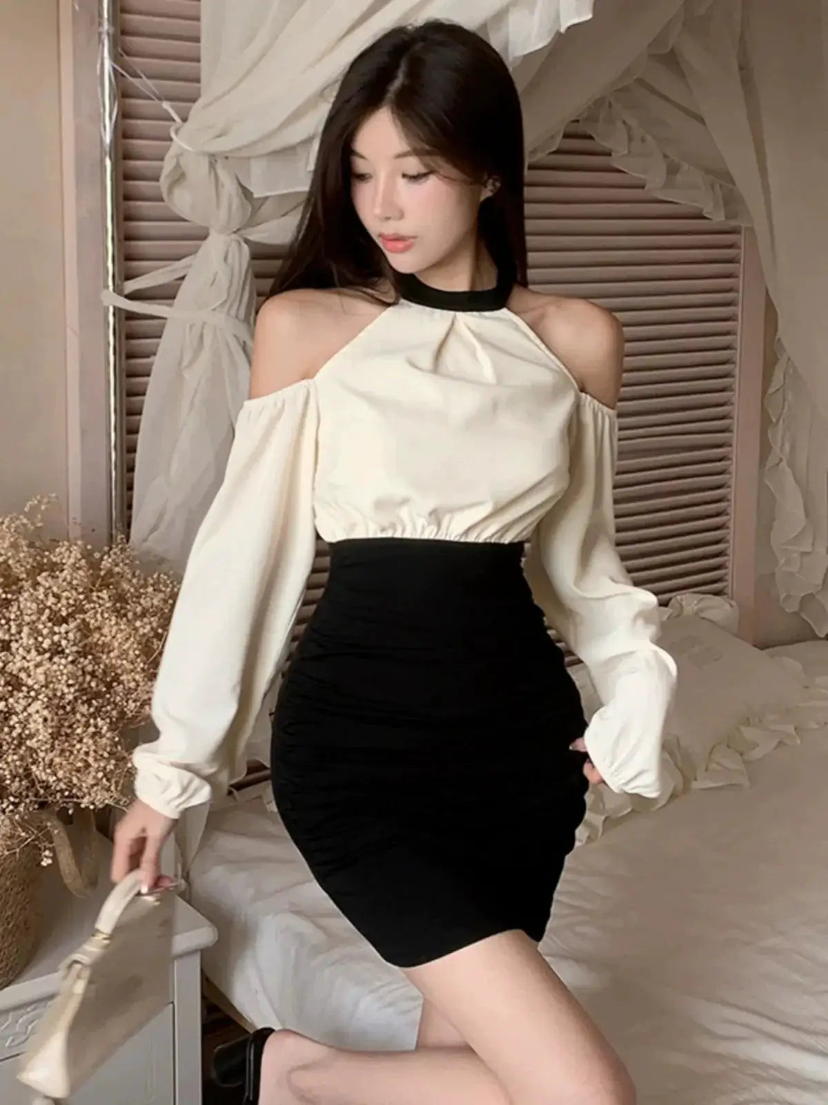 Instahot Patchwork Cold Shoulder Dress Chic Autumn Fashion