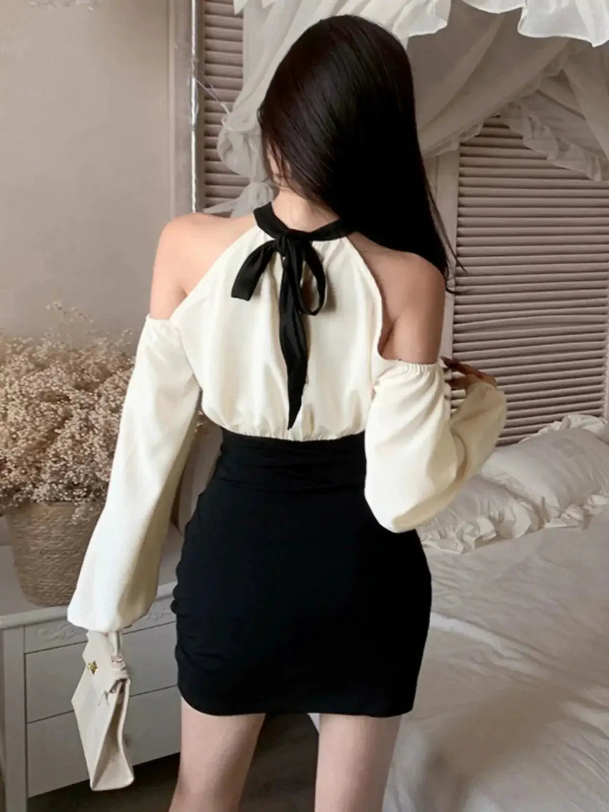 Instahot Patchwork Cold Shoulder Dress Chic Autumn Fashion