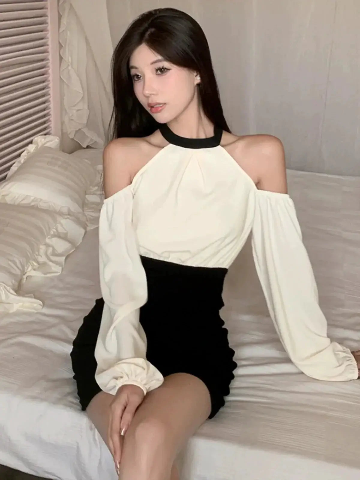 Instahot Patchwork Cold Shoulder Dress Chic Autumn Fashion