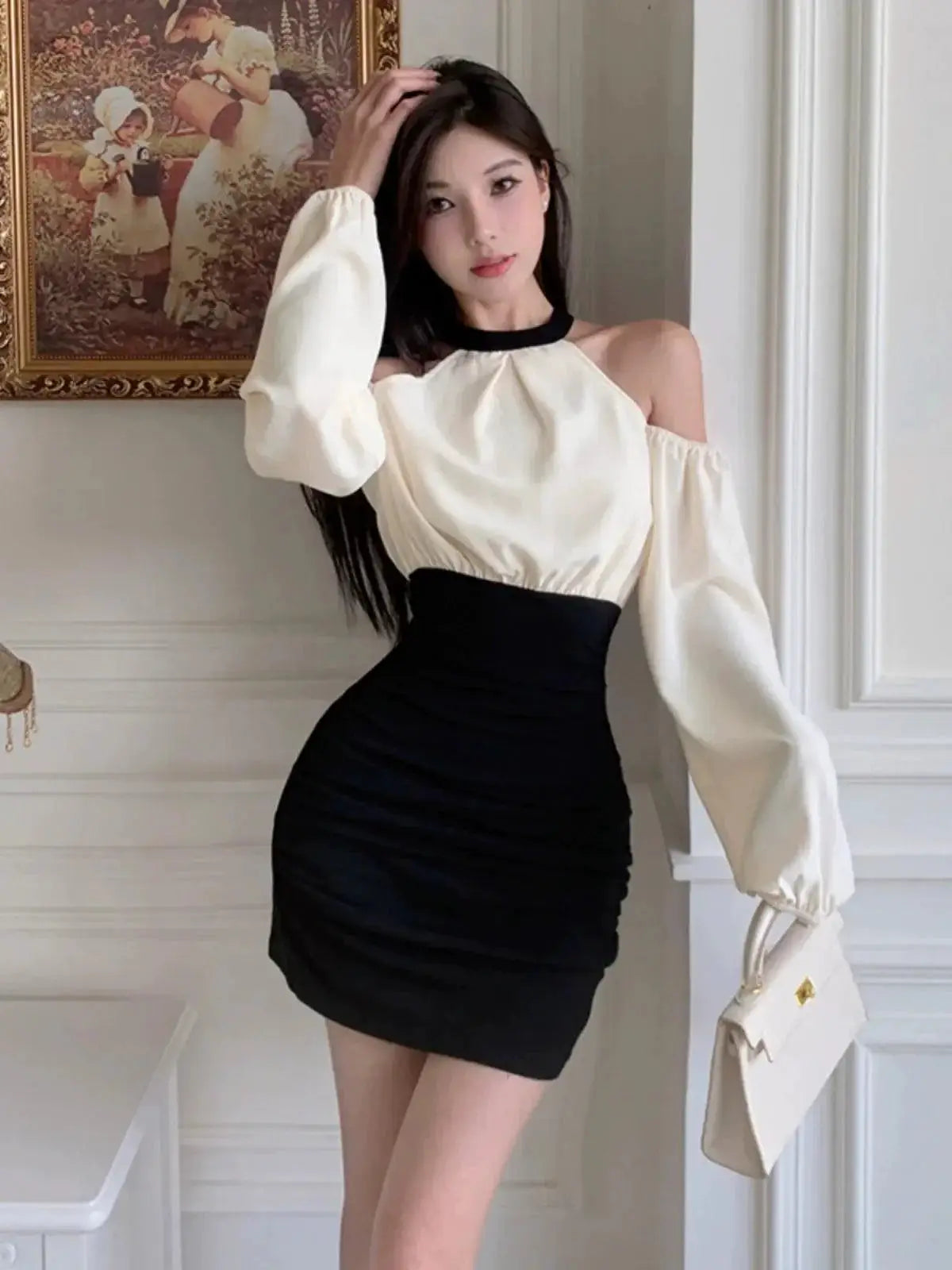 Instahot Patchwork Cold Shoulder Dress Chic Autumn Fashion