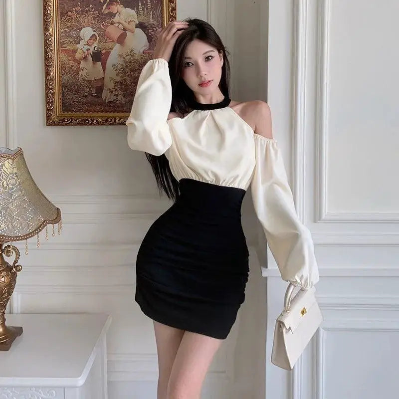 Instahot Patchwork Cold Shoulder Dress Chic Autumn Fashion