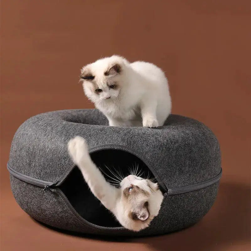Interactive Donut Cat Bed Tunnel For Two Cats Durable Felt