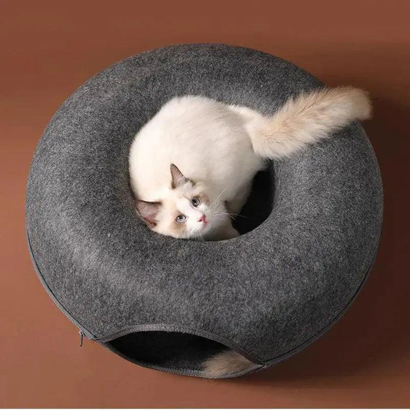 Interactive Donut Cat Bed Tunnel For Two Cats Durable Felt