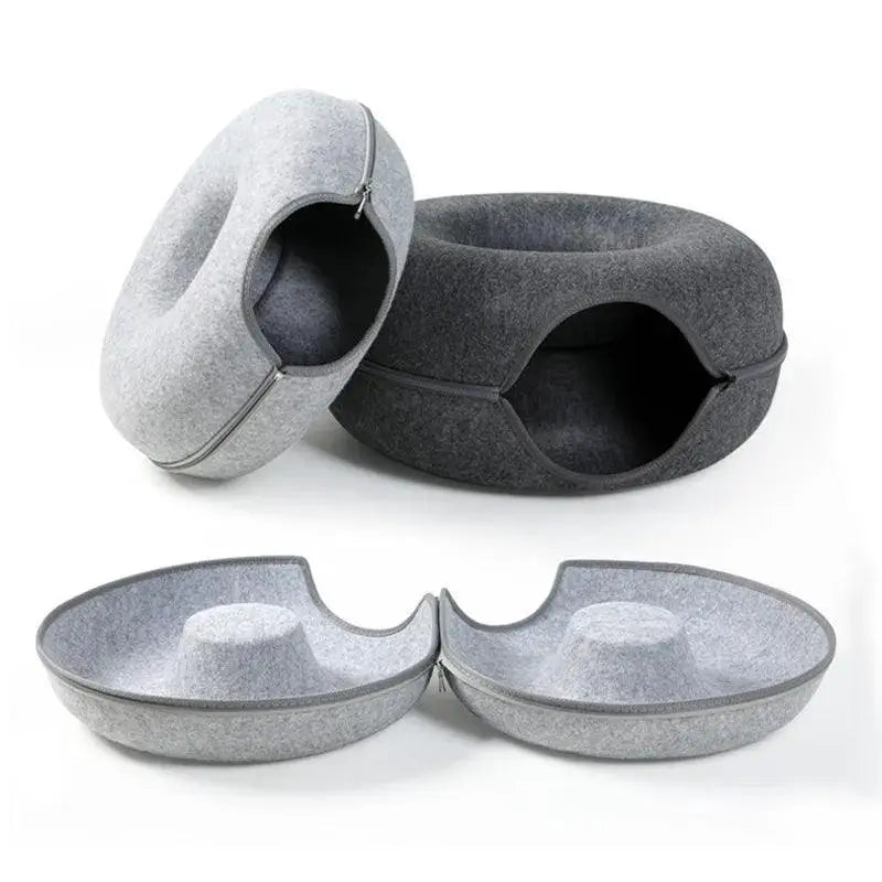 Interactive Donut Cat Bed Tunnel For Two Cats Durable Felt