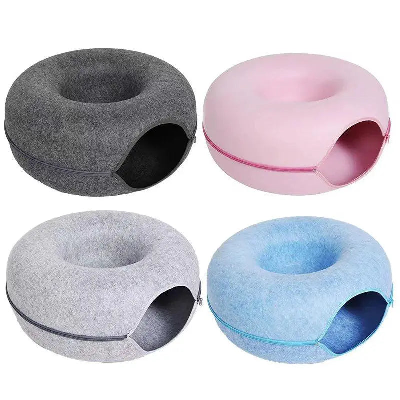Interactive Donut Cat Bed Tunnel For Two Cats Durable Felt