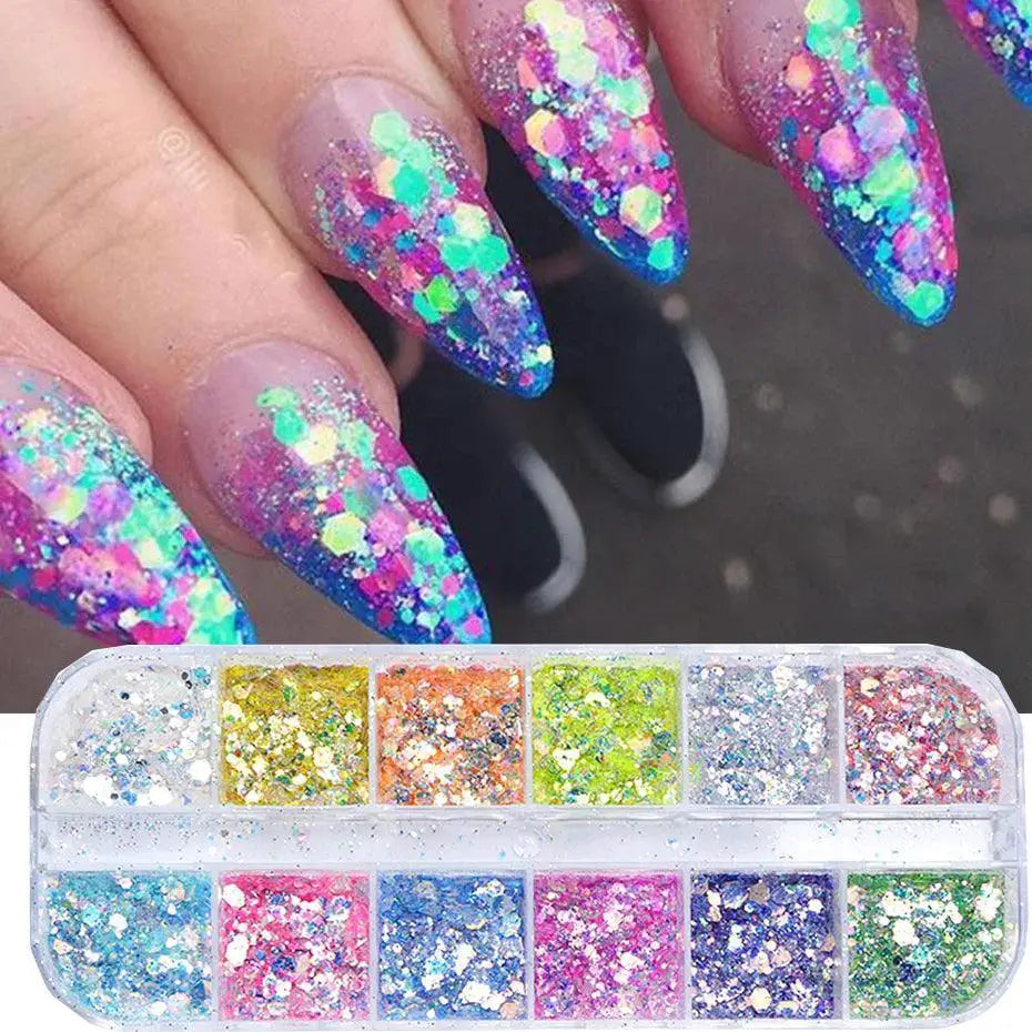 Iridescent Hexagon Nail Glitter Powder Kit For Gel Nails