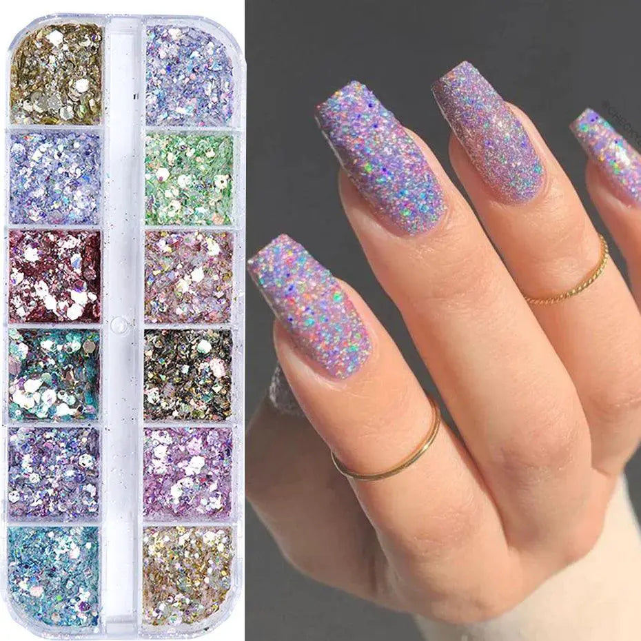 Iridescent Hexagon Nail Glitter Powder Kit For Gel Nails