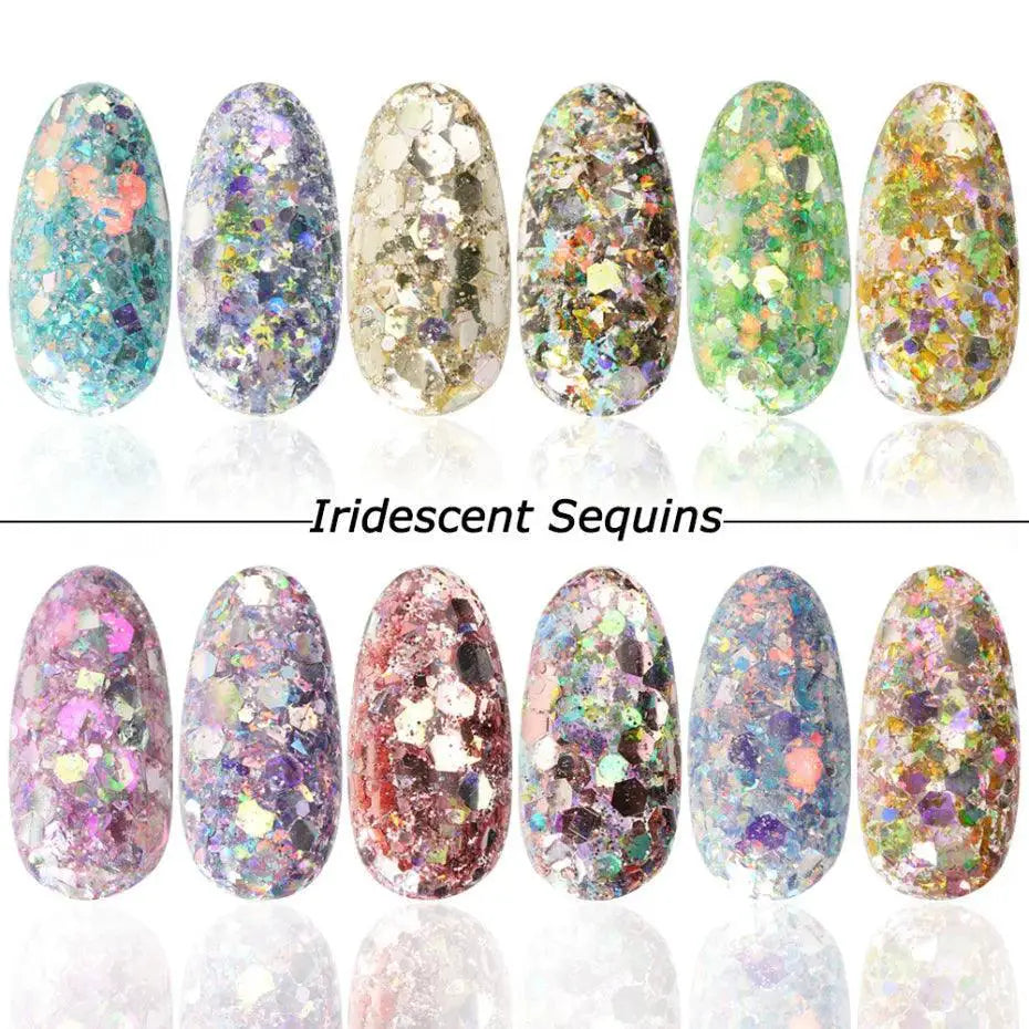 Iridescent Hexagon Nail Glitter Powder Kit For Gel Nails