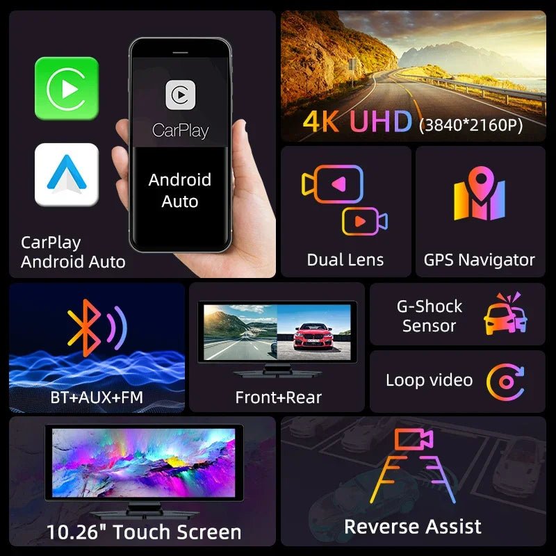 Jansite Dash Cam Dual Variant 7 or 10.26 Inches 4K Wireless CarPlay Android Auto
