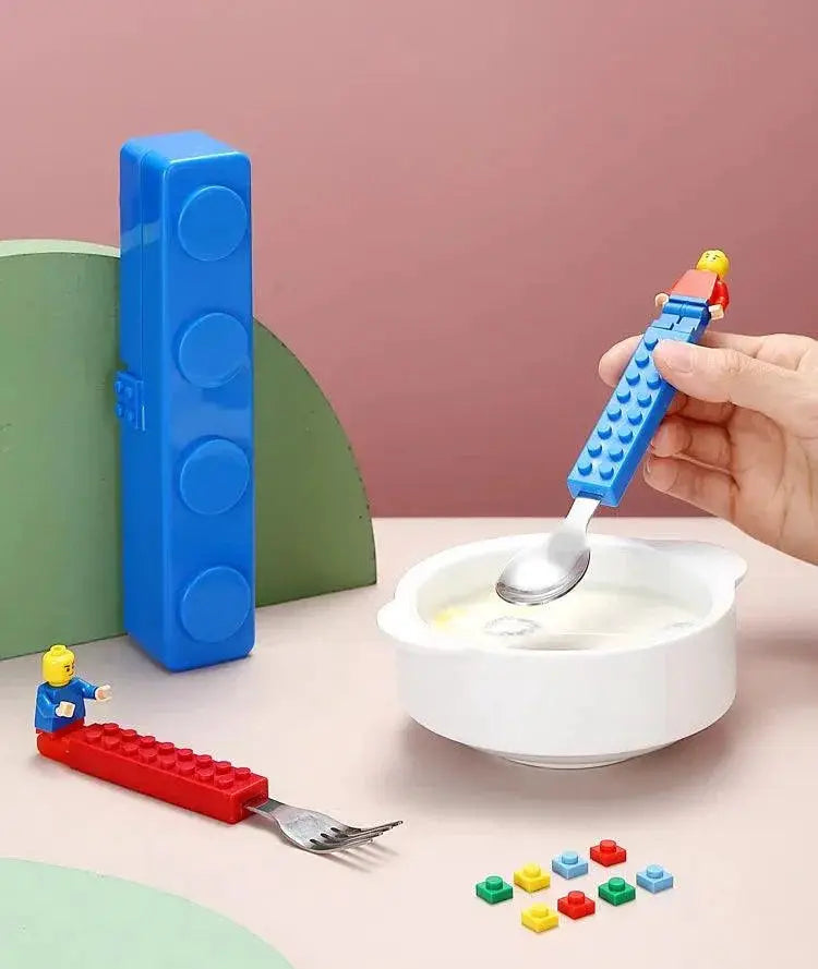 Kids Cartoon Stainless Steel Tableware Set With Blocks