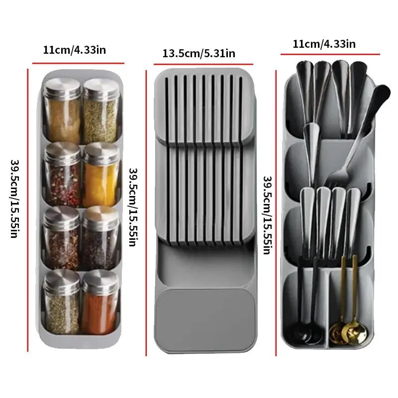 Kitchen Drawer Cutlery Tray Knife Holder And Spice Bottle Organizer Total In One