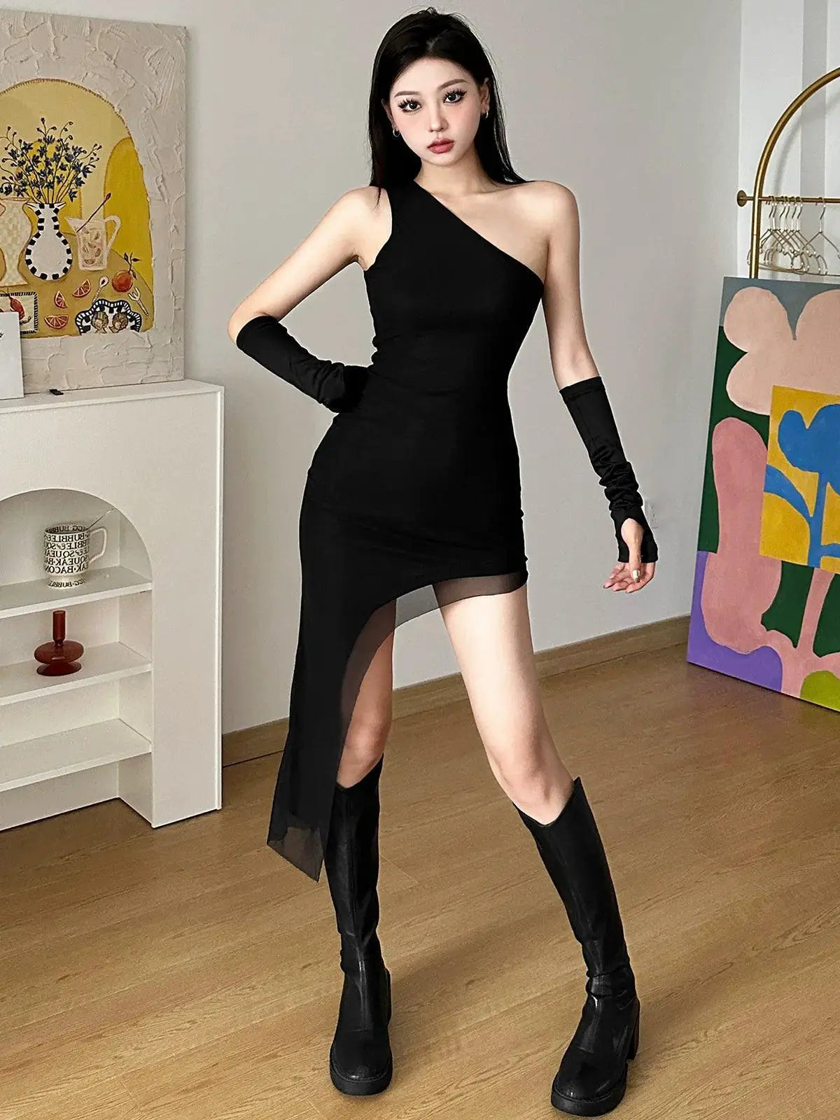 Kliou Black Diagonal Slim Fit Dress Edgy Street Style