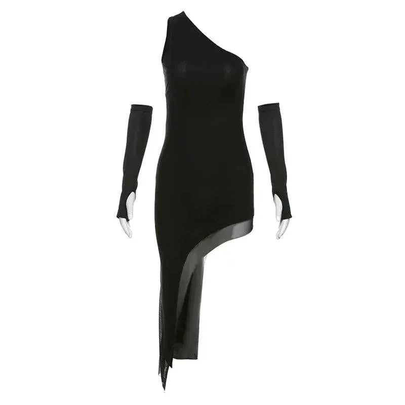 Kliou Black Diagonal Slim Fit Dress Edgy Street Style