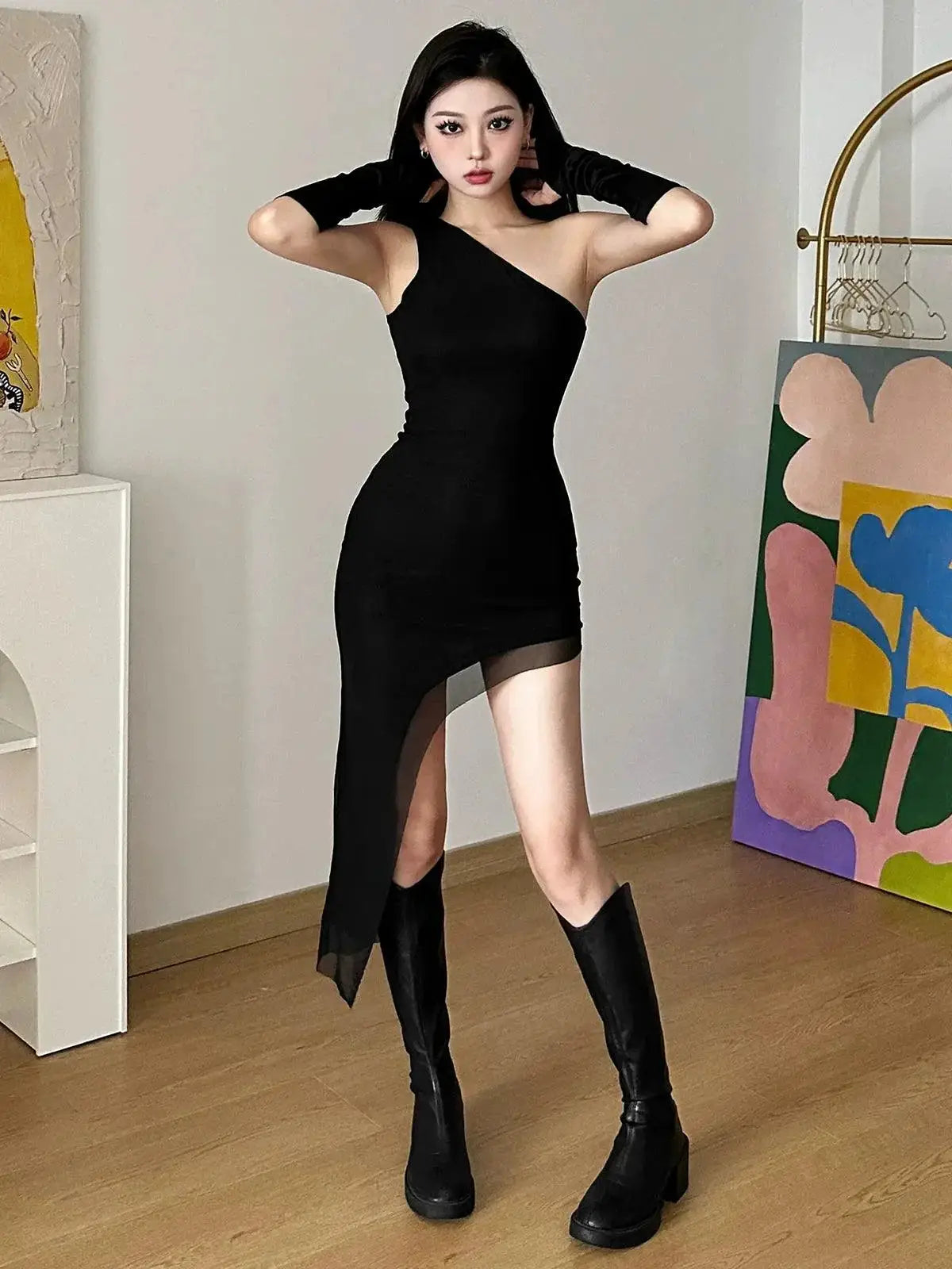 Kliou Black Diagonal Slim Fit Dress Edgy Street Style