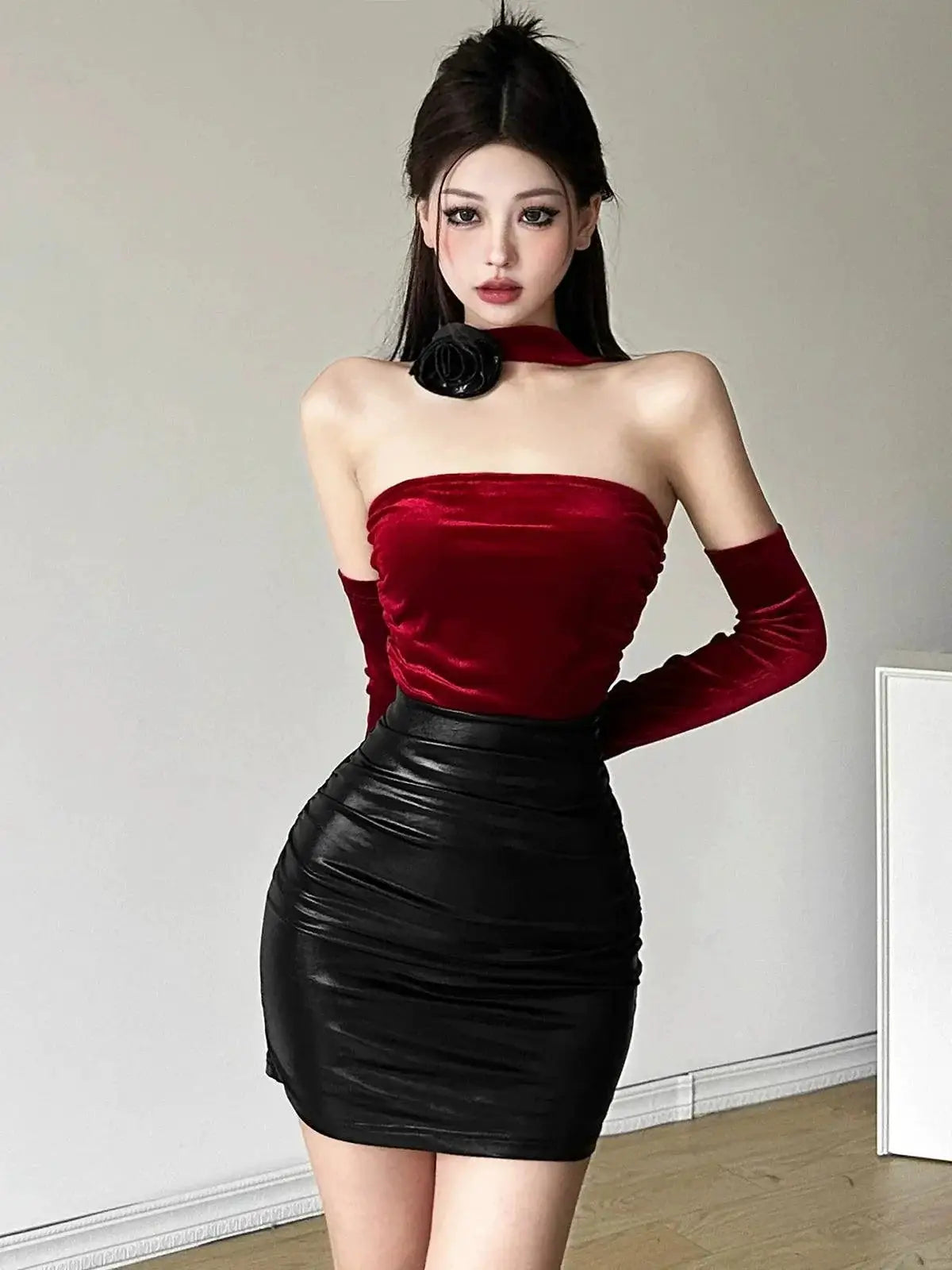 Kliou Color Contrast Patchwork Halterneck Dress Elegant