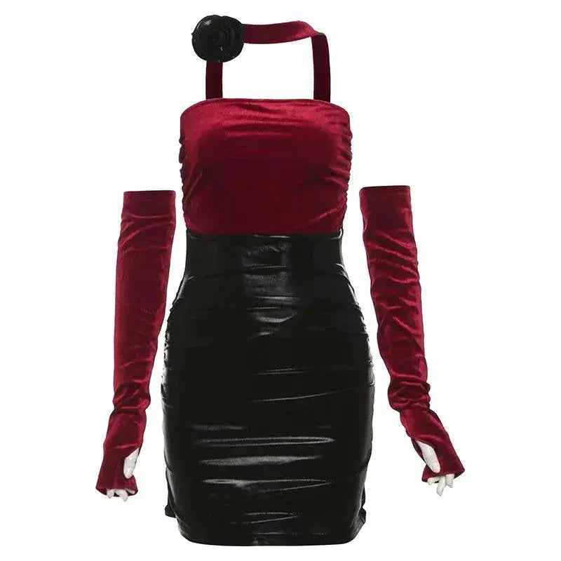 Kliou Color Contrast Patchwork Halterneck Dress Elegant