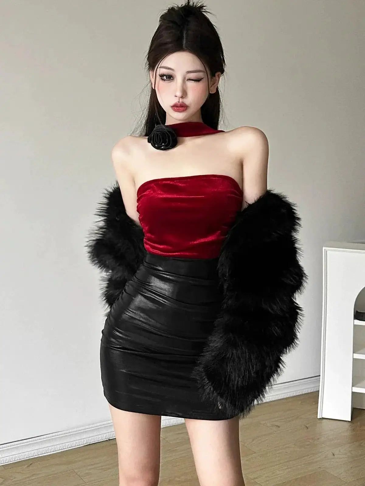 Kliou Color Contrast Patchwork Halterneck Dress Elegant