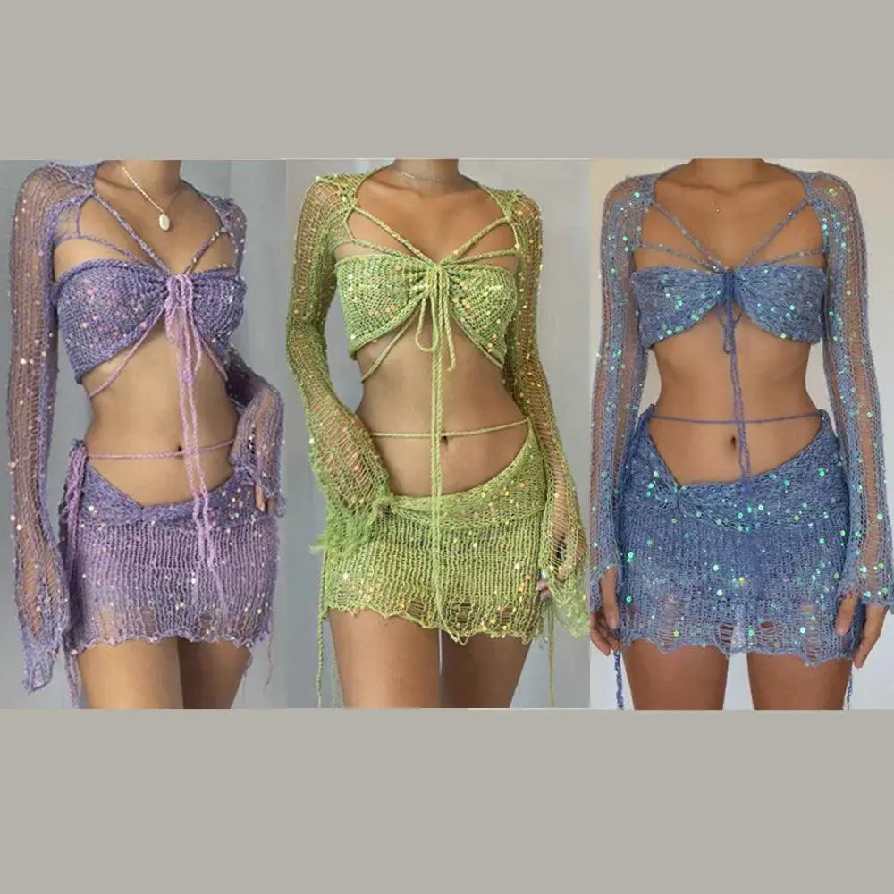 Knit Sequin Skirt Set Glamorous Two Piece Summer Outfit