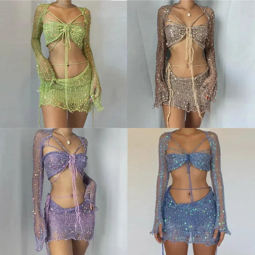 Knit Sequin Skirt Set Glamorous Two Piece Summer Outfit