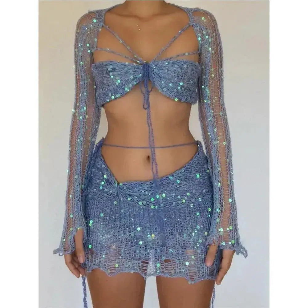 Knit Sequin Skirt Set Glamorous Two Piece Summer Outfit