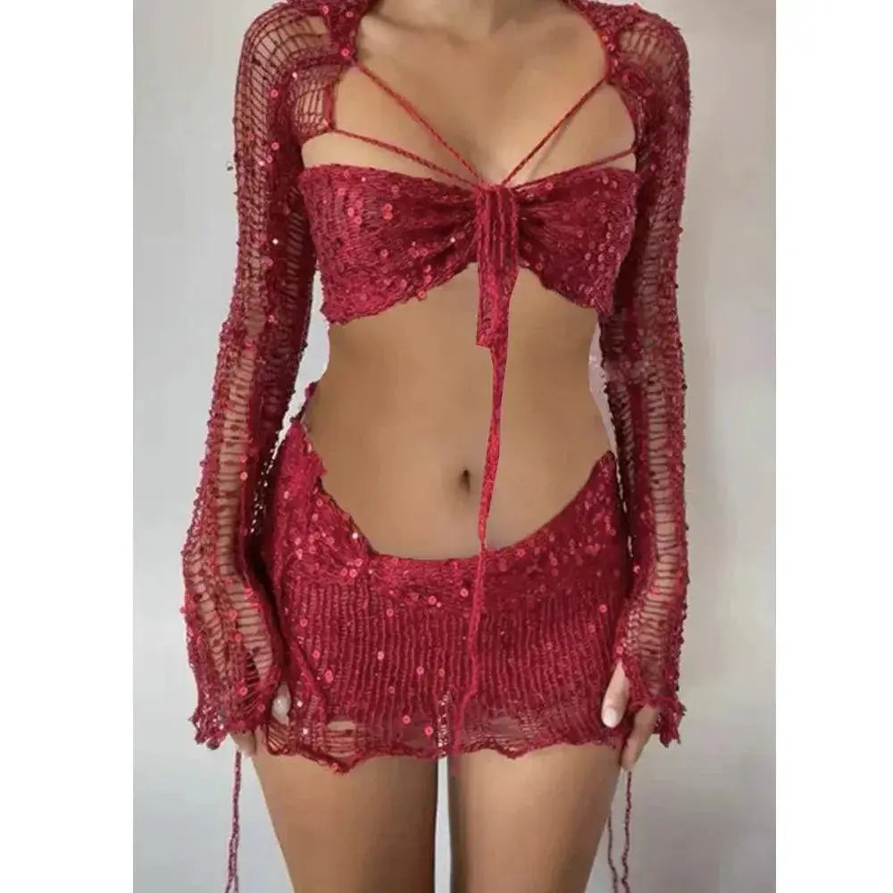 Knit Sequin Skirt Set Glamorous Two Piece Summer Outfit