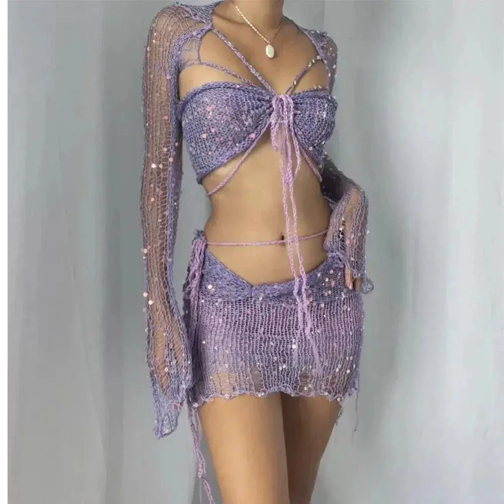 Knit Sequin Skirt Set Glamorous Two Piece Summer Outfit