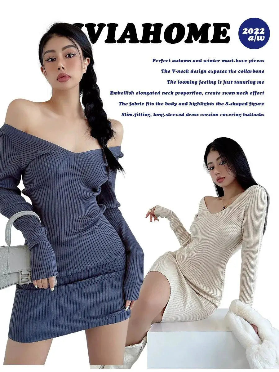 Knitted V Neck Slim Fit Sheath Dress Spring Elegant Design