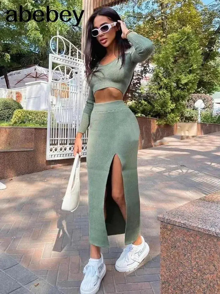 Knitted Winter Sexy Sweater Skirt Set Style Cozy - green M product image
