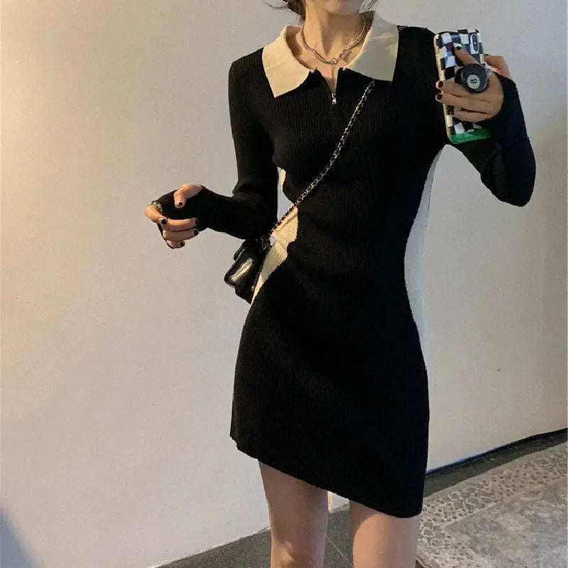 Korean Style Knit Dress Polo Collar Fashion Trend Chic