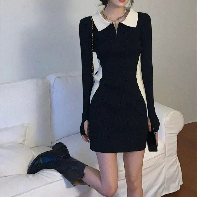 Korean Style Knit Dress Polo Collar Fashion Trend Chic