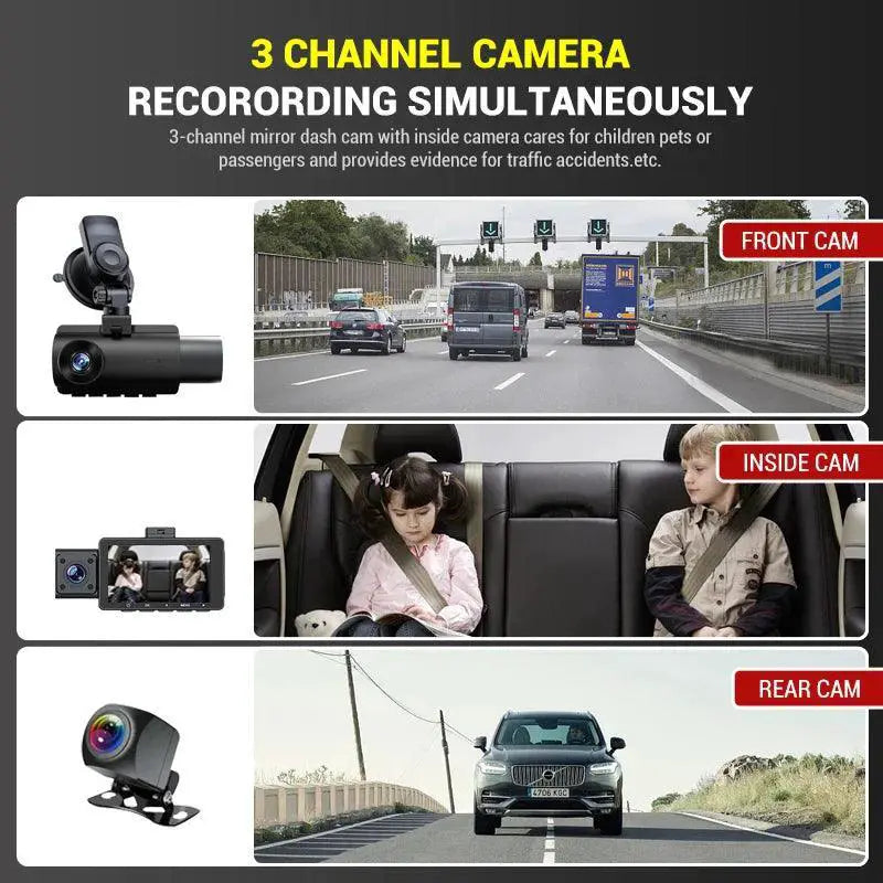 Kocam 3 Channel Dash Cam With GPS Night Vision For Cars