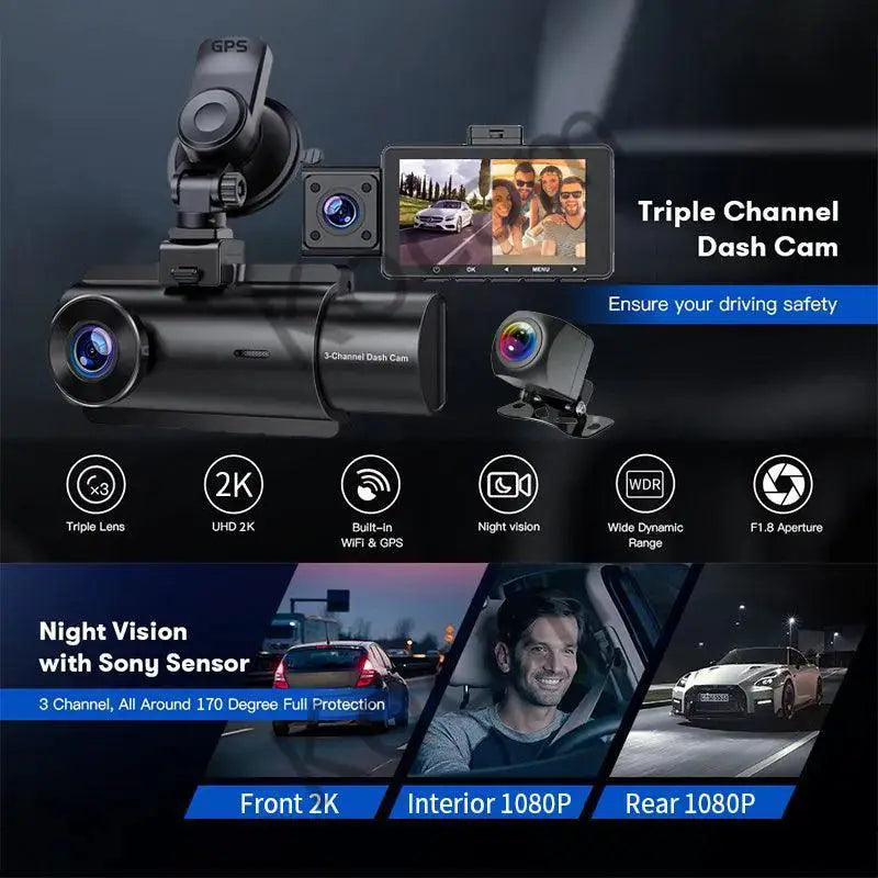 Kocam 3 Channel Dash Cam With GPS Night Vision For Cars