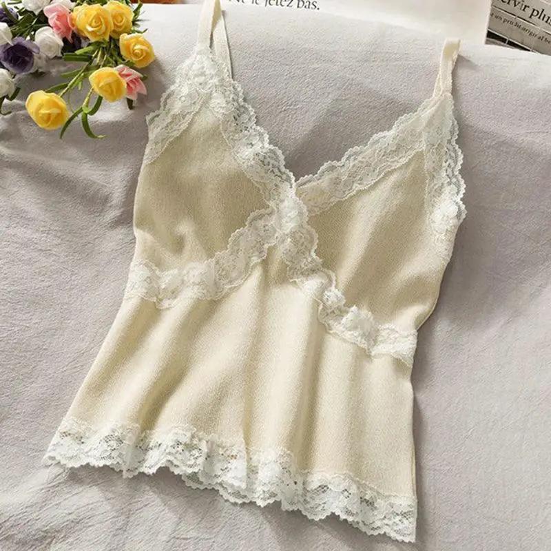 Korean Lace V Neck Tank Top Summer Sleeveless Blouse
