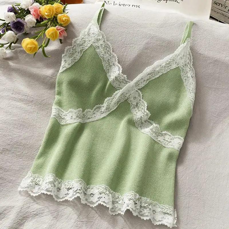 Korean Lace V Neck Tank Top Summer Sleeveless Blouse