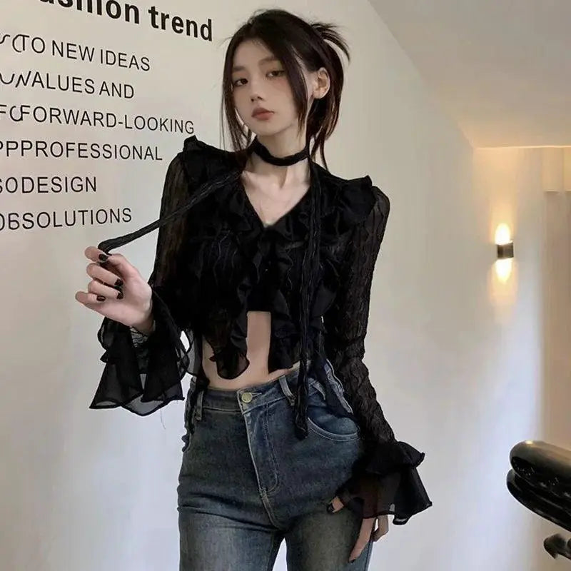 Lace Crop Top Gothic Blouse Streetwear Grunge Shirt
