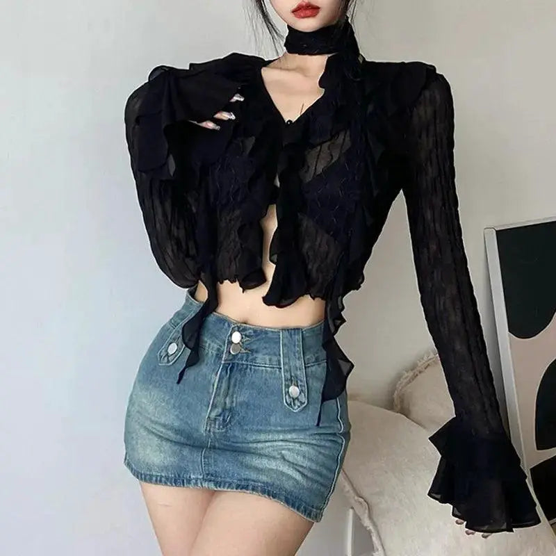 Lace Crop Top Gothic Blouse Streetwear Grunge Shirt